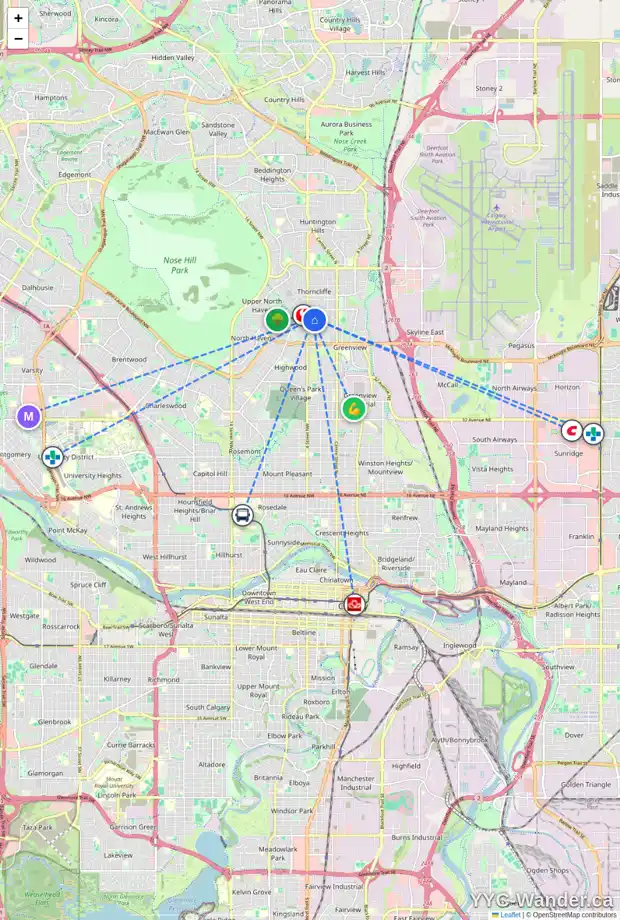 Daily accessibility map for 407 54 AV NW, Calgary showing nearby schools, grocery stores, parks, LRT stations and nearby amenities