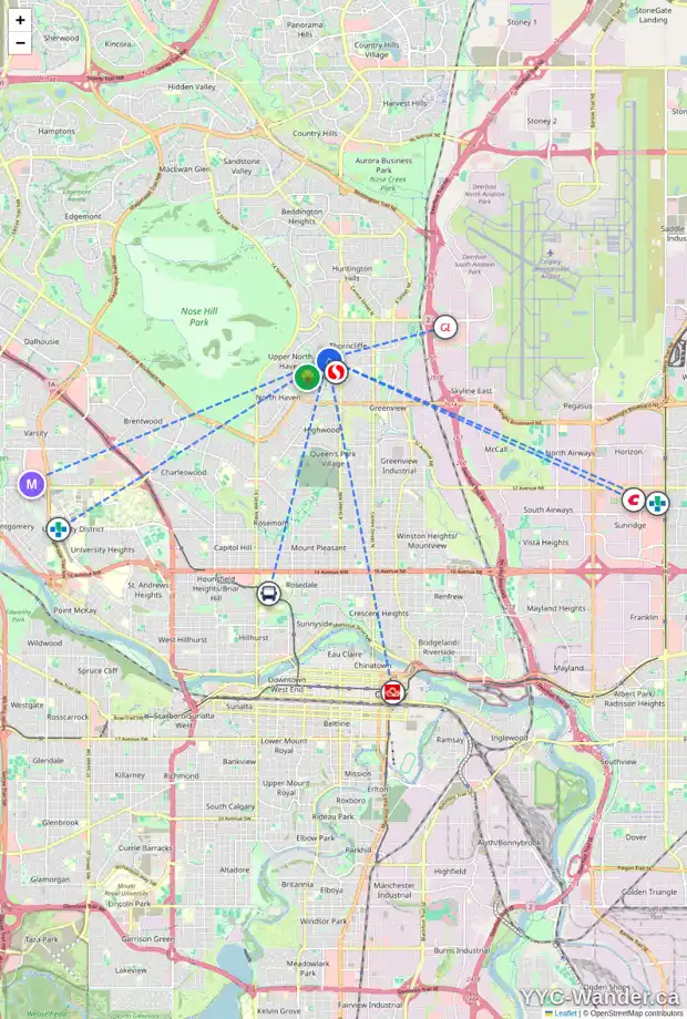 Daily accessibility map for 8 TIPTON PL NW, Calgary showing nearby schools, grocery stores, parks, LRT stations and nearby amenities