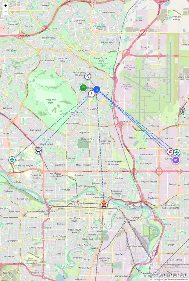 Daily accessibility map for 327 HUNTRIDGE RD NE, Calgary showing nearby schools, grocery stores, parks, LRT stations and nearby amenities