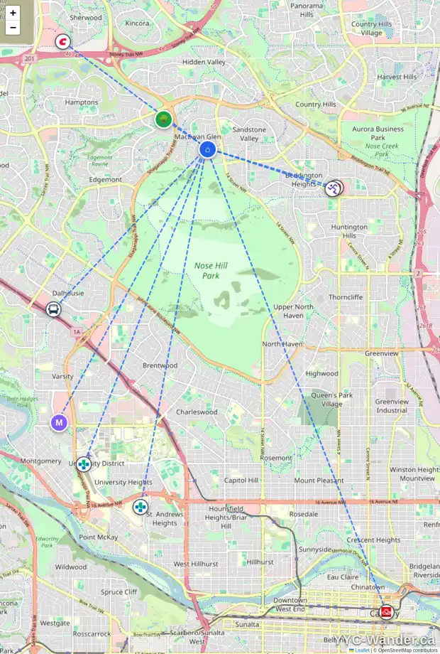 Daily accessibility map for 96 MACEWAN DR NW, Calgary showing nearby schools, grocery stores, parks, LRT stations and nearby amenities