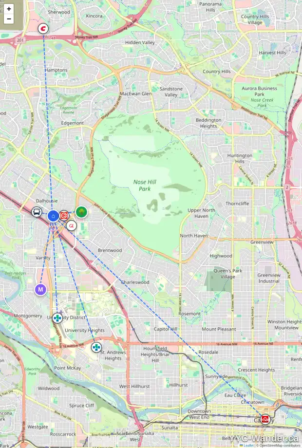 Daily accessibility map for 208A 5735 DALGETTY DR NW, Calgary showing nearby schools, grocery stores, parks, LRT stations and nearby amenities
