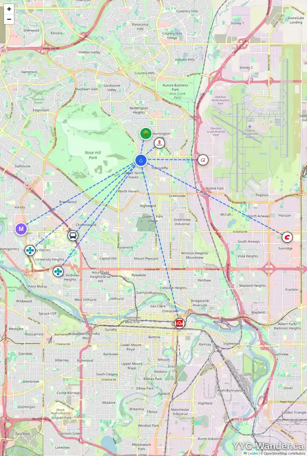 Daily accessibility map for 6615 HUNTSBAY RD NW, Calgary showing nearby schools, grocery stores, parks, LRT stations and nearby amenities