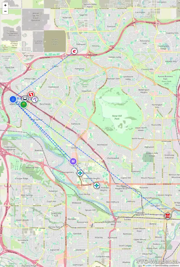Daily accessibility map for 38 SCANLON HL NW, Calgary showing nearby schools, grocery stores, parks, LRT stations and nearby amenities