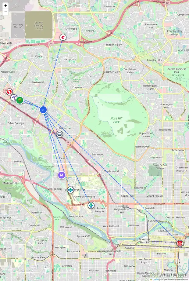 Daily accessibility map for 64 RANCH ESTATES DR NW, Calgary showing nearby schools, grocery stores, parks, LRT stations and nearby amenities