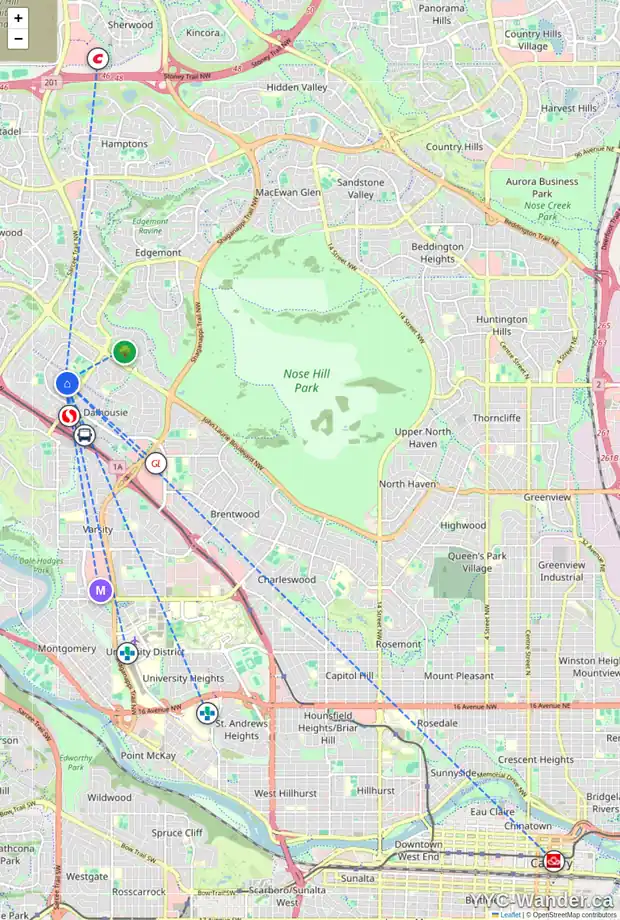 Daily accessibility map for 6539 54 ST NW, Calgary showing nearby schools, grocery stores, parks, LRT stations and nearby amenities