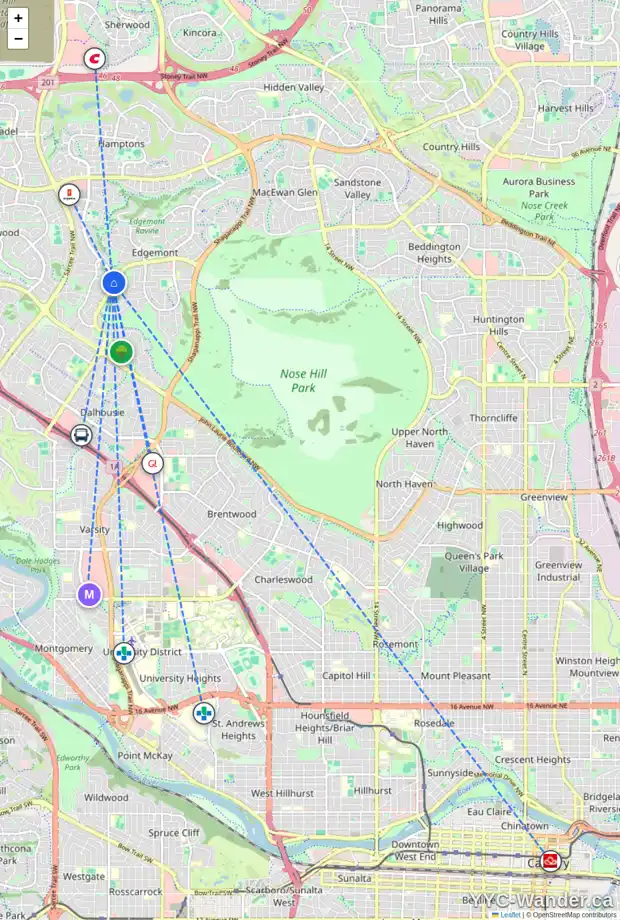 Daily accessibility map for 127 EDGEWOOD DR NW, Calgary showing nearby schools, grocery stores, parks, LRT stations and nearby amenities