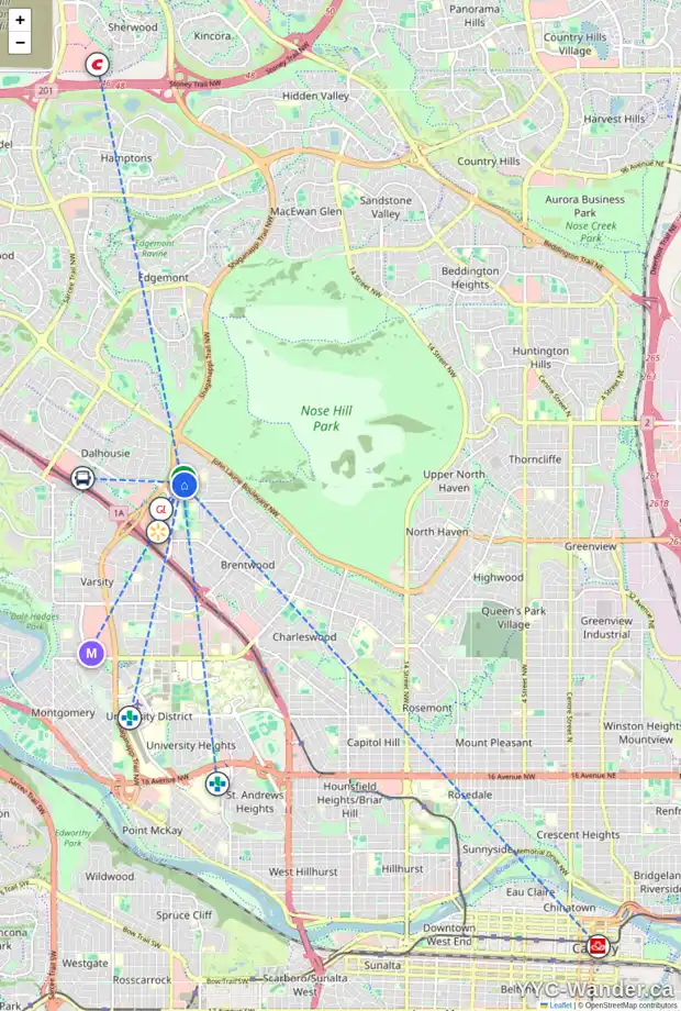 Daily accessibility map for 3612 BENTON DR NW, Calgary showing nearby schools, grocery stores, parks, LRT stations and nearby amenities