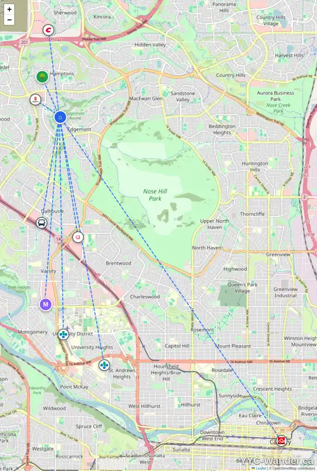 Daily accessibility map for 337 EDGEVIEW PL NW, Calgary showing nearby schools, grocery stores, parks, LRT stations and nearby amenities