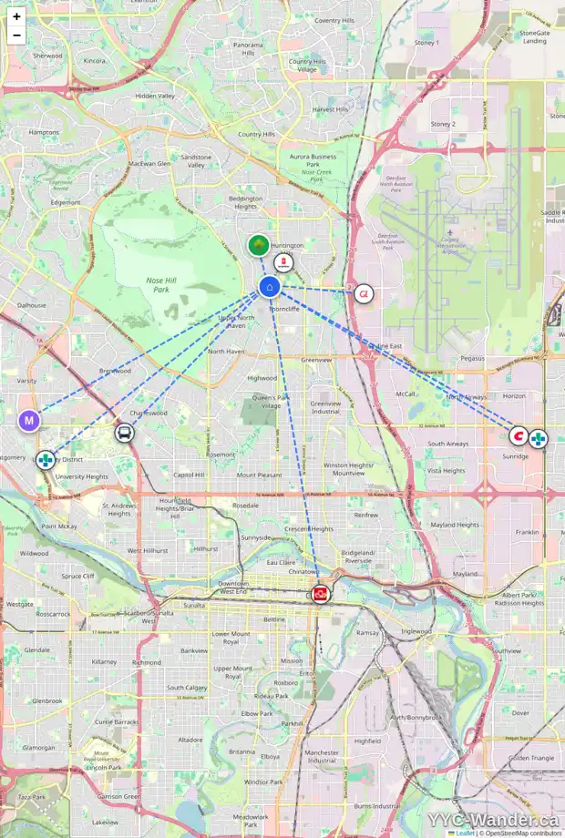 Daily accessibility map for 727 64 AV NW, Calgary showing nearby schools, grocery stores, parks, LRT stations and nearby amenities