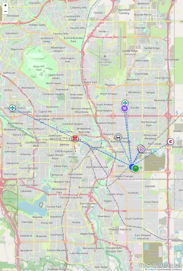 Daily accessibility map for 43 ERIN MOUNT CR SE, Calgary showing nearby schools, grocery stores, parks, LRT stations and nearby amenities