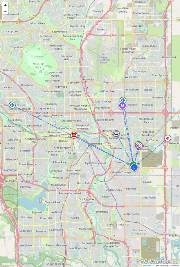 Daily accessibility map for 19 ERIN CR SE, Calgary showing nearby schools, grocery stores, parks, LRT stations and nearby amenities