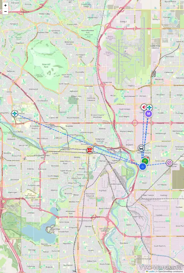 Daily accessibility map for 2202 27 ST SE, Calgary showing nearby schools, grocery stores, parks, LRT stations and nearby amenities