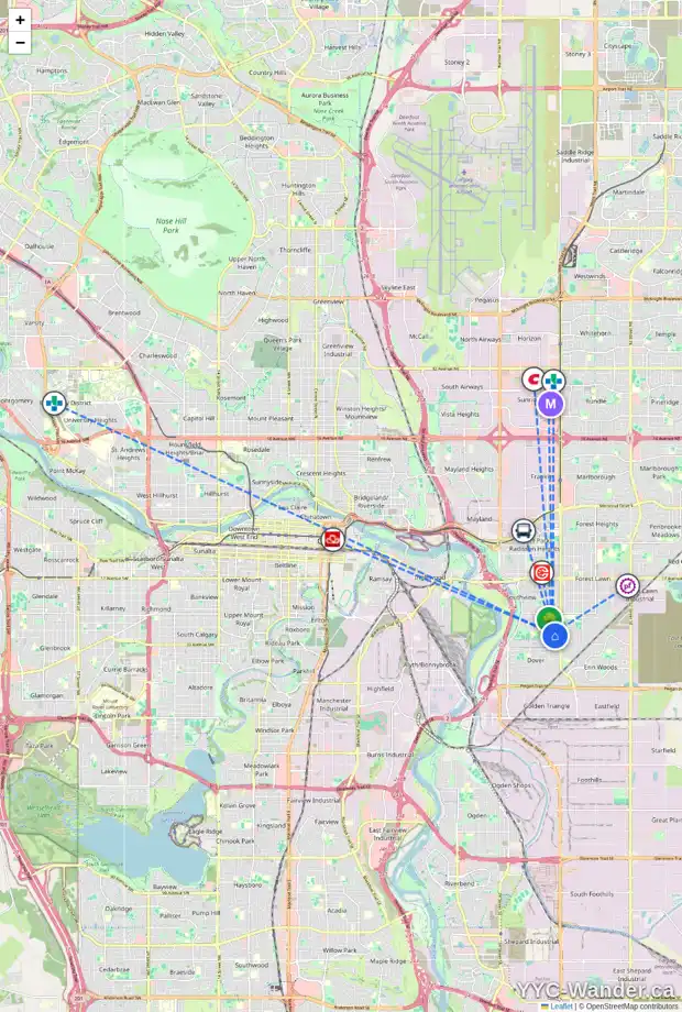 Daily accessibility map for 3427 30A AV SE, Calgary showing nearby schools, grocery stores, parks, LRT stations and nearby amenities