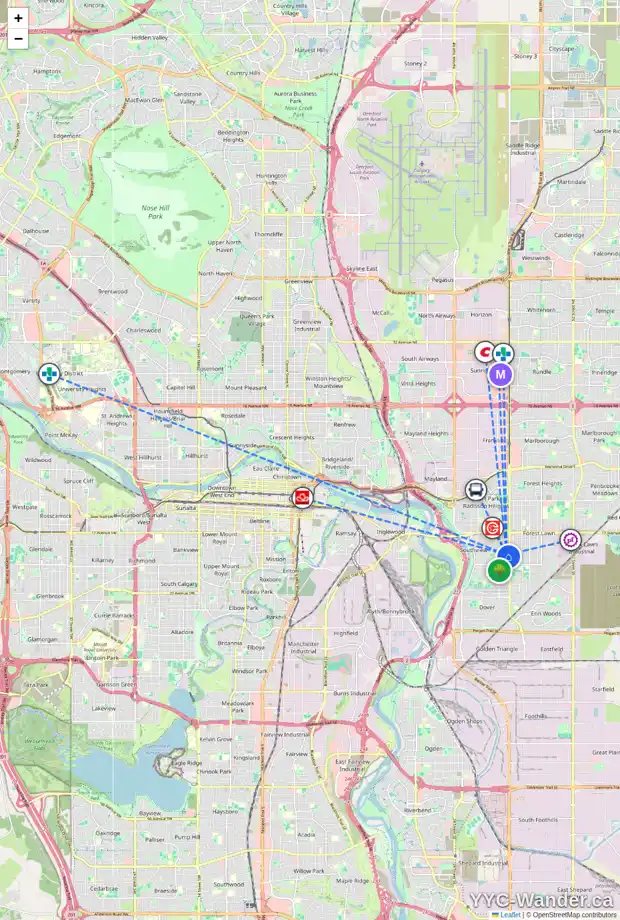 Daily accessibility map for 2406 35 ST SE, Calgary showing nearby schools, grocery stores, parks, LRT stations and nearby amenities
