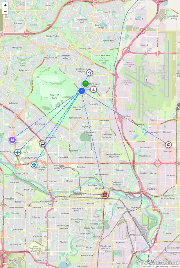 Daily accessibility map for 1028 HUNTERCOVE PL NW, Calgary showing nearby schools, grocery stores, parks, LRT stations and nearby amenities