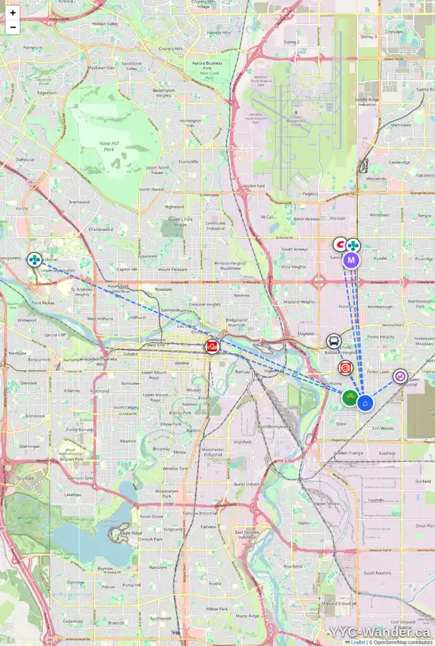 Daily accessibility map for 19 DOVERDALE ME SE, Calgary showing nearby schools, grocery stores, parks, LRT stations and nearby amenities