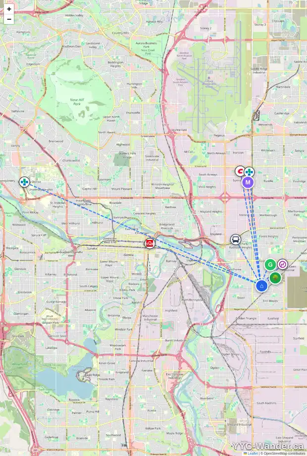 Daily accessibility map for 4131 30 AV SE, Calgary showing nearby schools, grocery stores, parks, LRT stations and nearby amenities