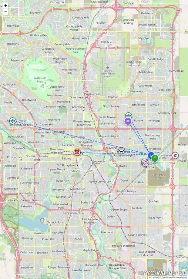 Daily accessibility map for 1023 PENSDALE CR SE, Calgary showing nearby schools, grocery stores, parks, LRT stations and nearby amenities