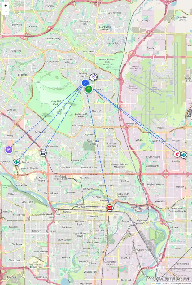 Daily accessibility map for 1040 HUNTERSTON PL NW, Calgary showing nearby schools, grocery stores, parks, LRT stations and nearby amenities