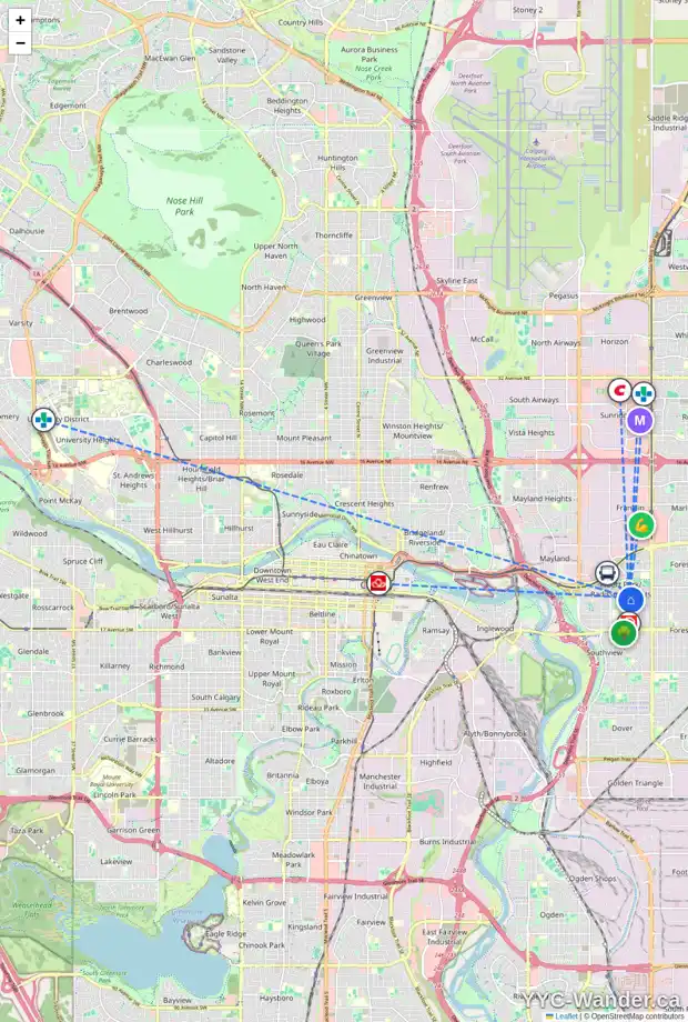 Daily accessibility map for 1220 32 ST SE, Calgary showing nearby schools, grocery stores, parks, LRT stations and nearby amenities