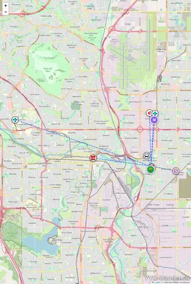 Daily accessibility map for 1624 ROULEAU CR SE, Calgary showing nearby schools, grocery stores, parks, LRT stations and nearby amenities