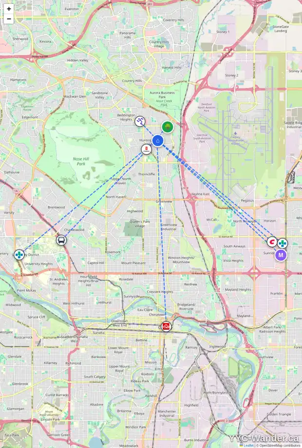 Daily accessibility map for 7523 HUNTRIDGE HL NE, Calgary showing nearby schools, grocery stores, parks, LRT stations and nearby amenities