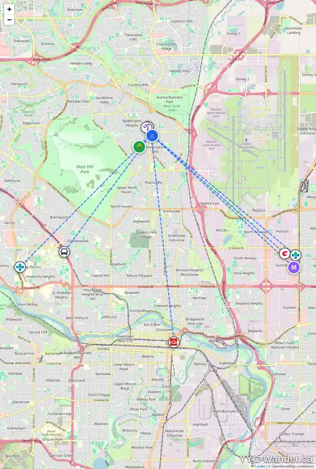 Daily accessibility map for 143 HUNTHAM RD NE, Calgary showing nearby schools, grocery stores, parks, LRT stations and nearby amenities