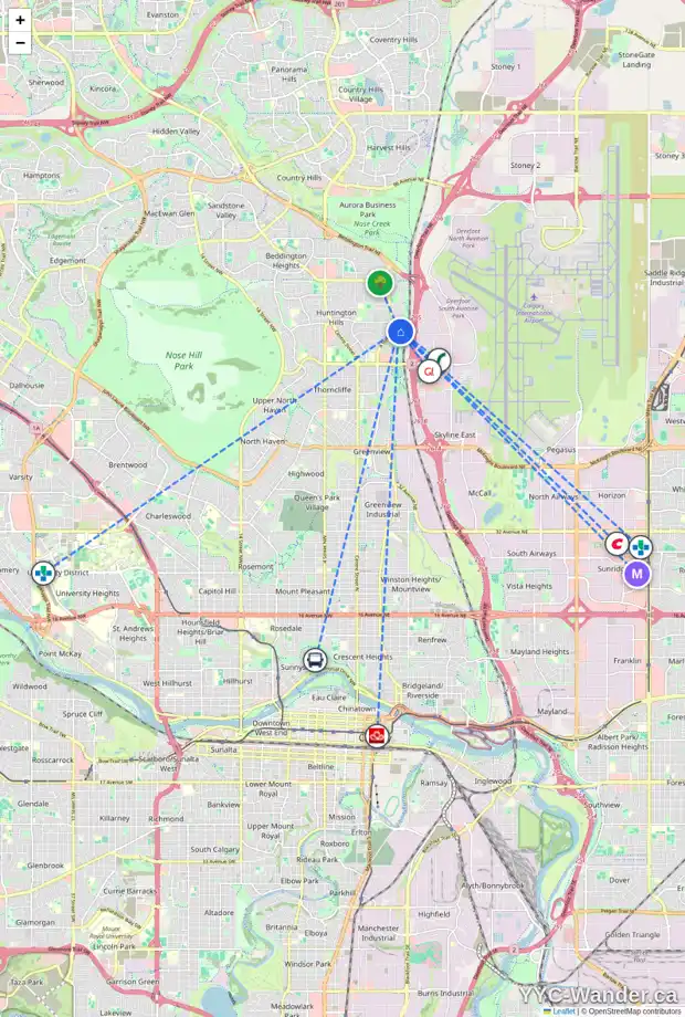 Daily accessibility map for 180 HUNTERHORN DR NE, Calgary showing nearby schools, grocery stores, parks, LRT stations and nearby amenities