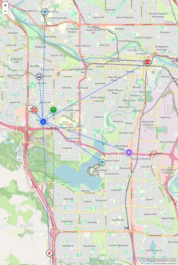 Daily accessibility map for 4532 46 AV SW, Calgary showing nearby schools, grocery stores, parks, LRT stations and nearby amenities