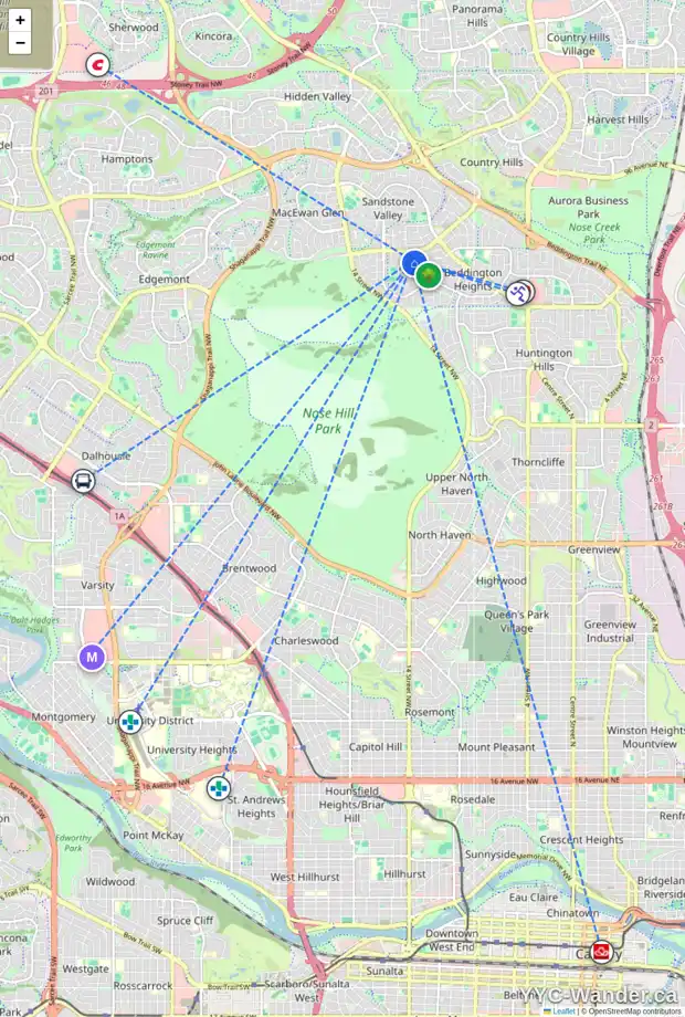 Daily accessibility map for 63 BEARBERRY CL NW, Calgary showing nearby schools, grocery stores, parks, LRT stations and nearby amenities
