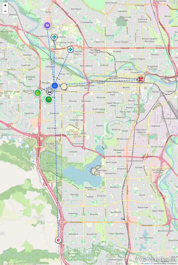 Daily accessibility map for 1136 43 ST SW, Calgary showing nearby schools, grocery stores, parks, LRT stations and nearby amenities
