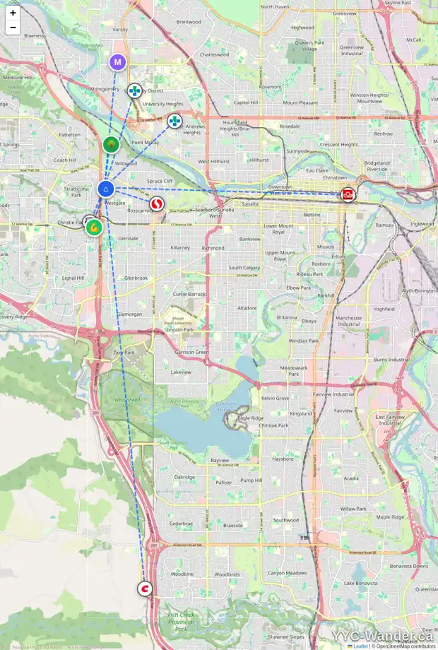 Daily accessibility map for 63 WESTWOOD DR SW, Calgary showing nearby schools, grocery stores, parks, LRT stations and nearby amenities