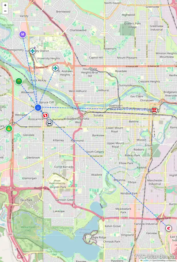 Daily accessibility map for 23 WINDERMERE RD SW, Calgary showing nearby schools, grocery stores, parks, LRT stations and nearby amenities