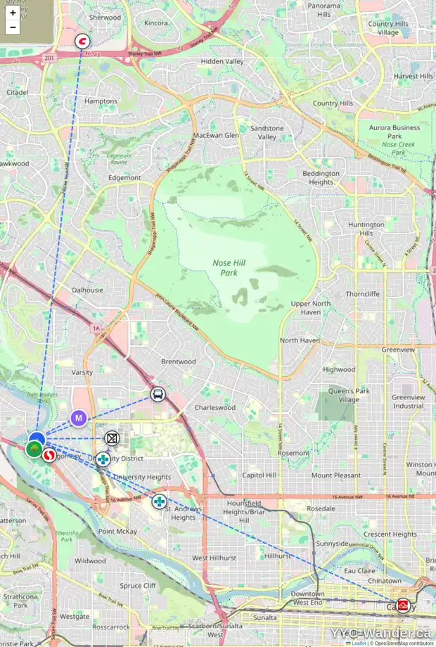 Daily accessibility map for 8 BOW LD NW, Calgary showing nearby schools, grocery stores, parks, LRT stations and nearby amenities