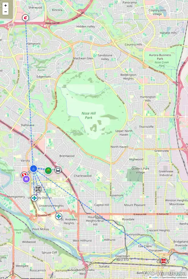 Daily accessibility map for 18 VARSHAVEN PL NW, Calgary showing nearby schools, grocery stores, parks, LRT stations and nearby amenities
