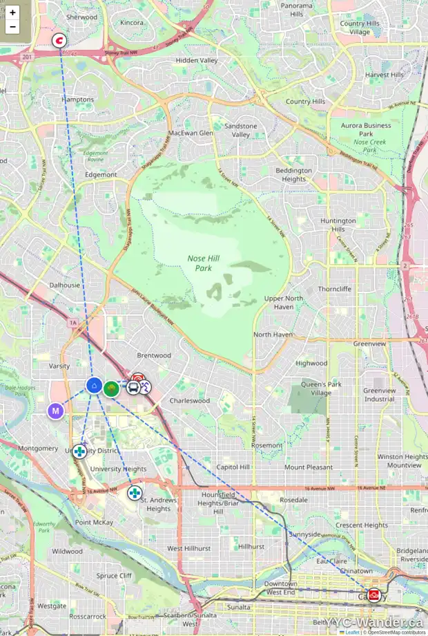 Daily accessibility map for 20 VARWOOD PL NW, Calgary showing nearby schools, grocery stores, parks, LRT stations and nearby amenities