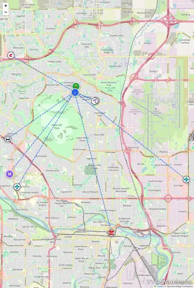 Daily accessibility map for 124 SANDSTONE RD NW, Calgary showing nearby schools, grocery stores, parks, LRT stations and nearby amenities