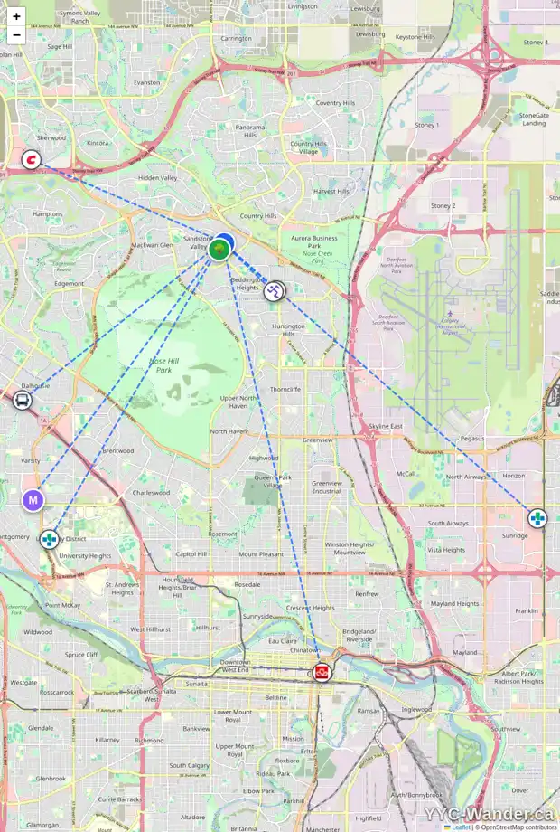 Daily accessibility map for 140 SANDSTONE DR NW, Calgary showing nearby schools, grocery stores, parks, LRT stations and nearby amenities