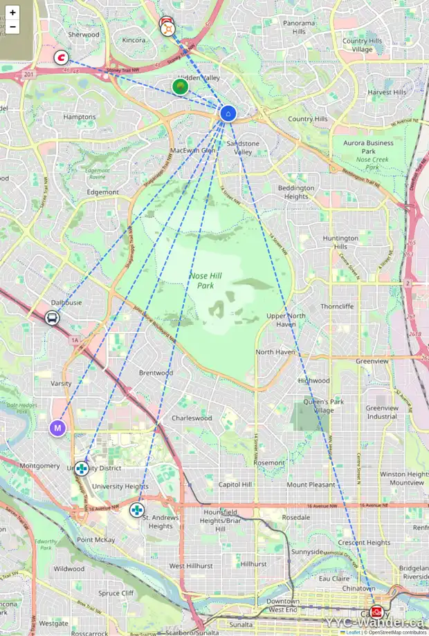 Daily accessibility map for 172 HIDDEN VALE CL NW, Calgary showing nearby schools, grocery stores, parks, LRT stations and nearby amenities