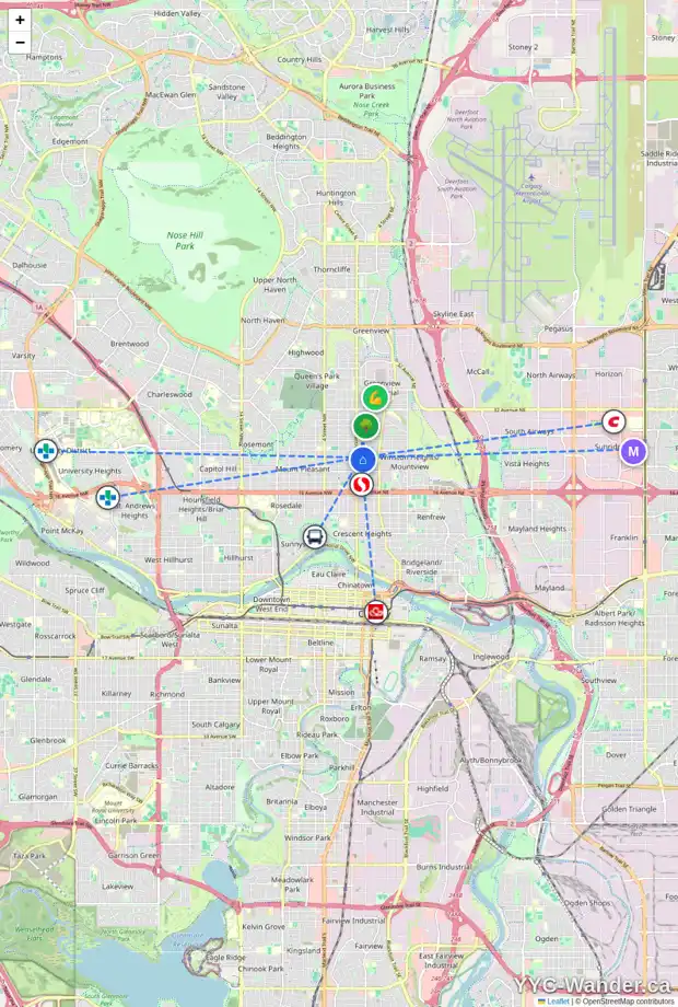 Daily accessibility map for 2 119 23 AV NE, Calgary showing nearby schools, grocery stores, parks, LRT stations and nearby amenities