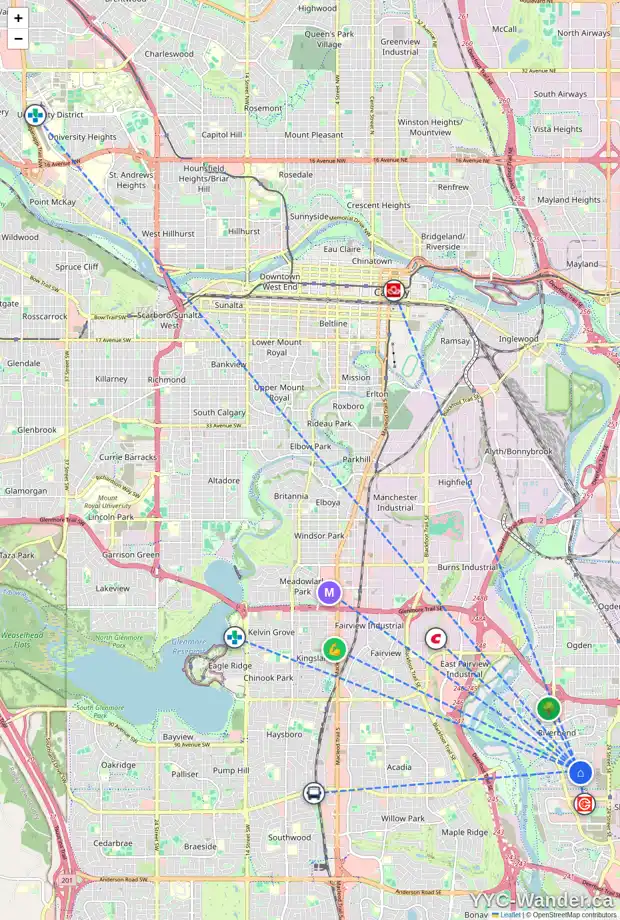 Daily accessibility map for 13 RIVER ROCK RD SE, Calgary showing nearby schools, grocery stores, parks, LRT stations and nearby amenities