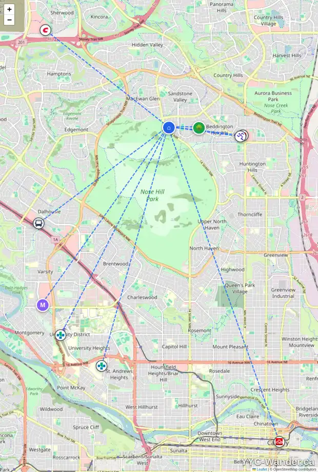 Daily accessibility map for 67 BEACONSFIELD RI NW, Calgary showing nearby schools, grocery stores, parks, LRT stations and nearby amenities