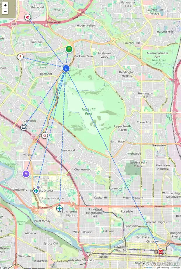 Daily accessibility map for 36 EDGEBROOK PT NW, Calgary showing nearby schools, grocery stores, parks, LRT stations and nearby amenities