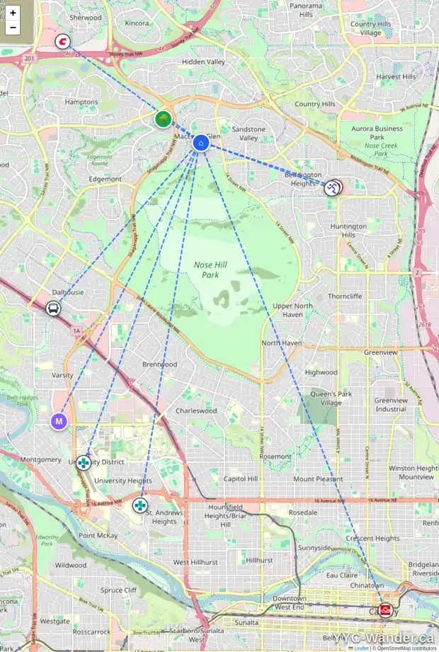 Daily accessibility map for 14 MACEWAN PARK RD NW, Calgary showing nearby schools, grocery stores, parks, LRT stations and nearby amenities