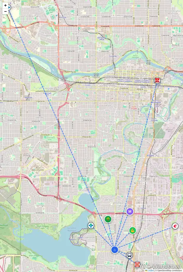 Daily accessibility map for 214 8235 ELBOW DR SW, Calgary showing nearby schools, grocery stores, parks, LRT stations and nearby amenities