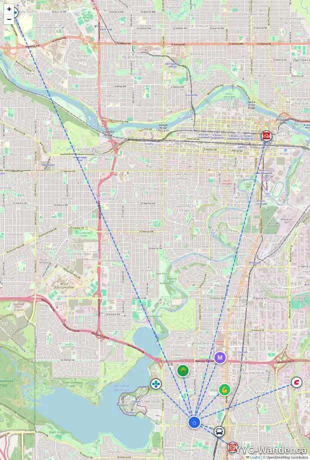 Daily accessibility map for 221 8235 ELBOW DR SW, Calgary showing nearby schools, grocery stores, parks, LRT stations and nearby amenities