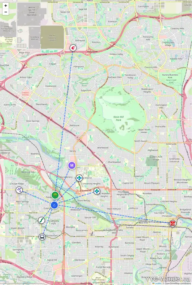 Daily accessibility map for 103 PROMINENCE HT SW, Calgary showing nearby schools, grocery stores, parks, LRT stations and nearby amenities