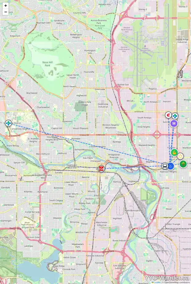 Daily accessibility map for 32 RADCLIFFE CO SE, Calgary showing nearby schools, grocery stores, parks, LRT stations and nearby amenities