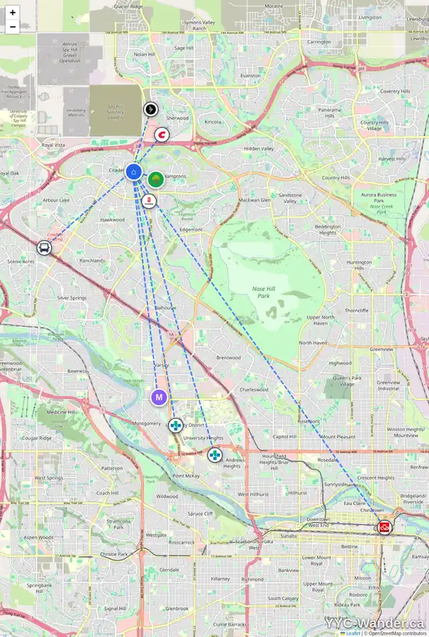 Daily accessibility map for 43 CITADEL PEAK CI NW, Calgary showing nearby schools, grocery stores, parks, LRT stations and nearby amenities