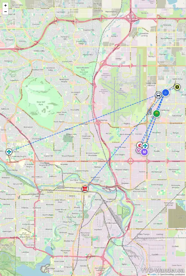 Daily accessibility map for 103 MARTIN CROSSING CL NE, Calgary showing nearby schools, grocery stores, parks, LRT stations and nearby amenities
